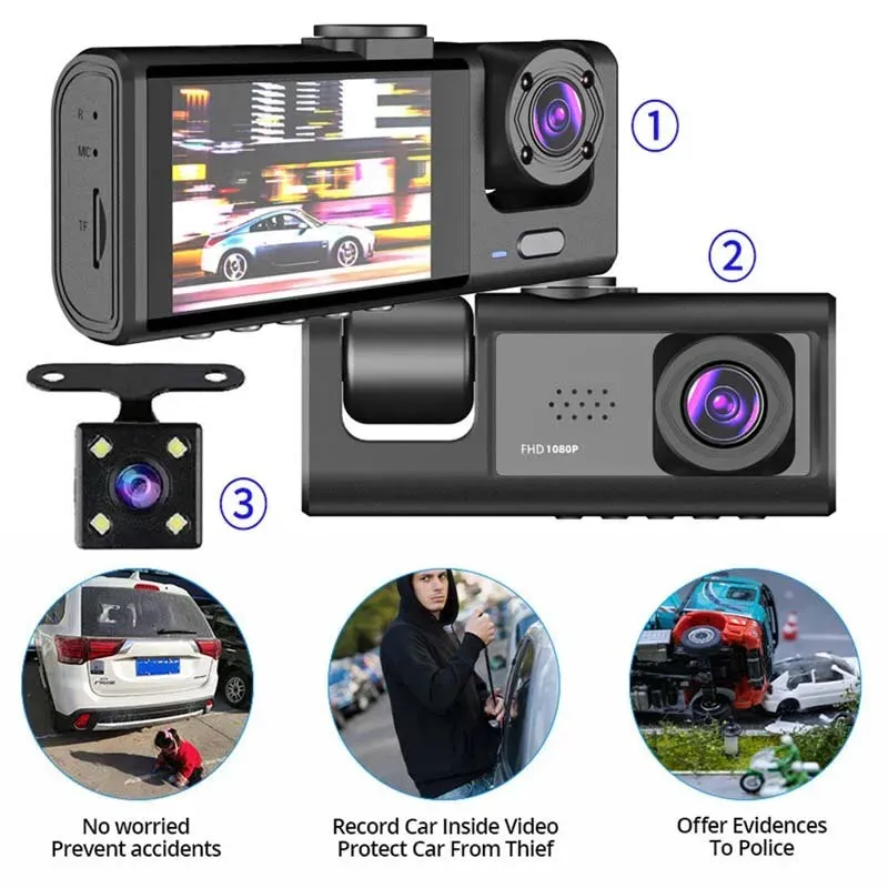 1080p 3 Camera Dash Cam with Ir Night Vision and Loop Recording