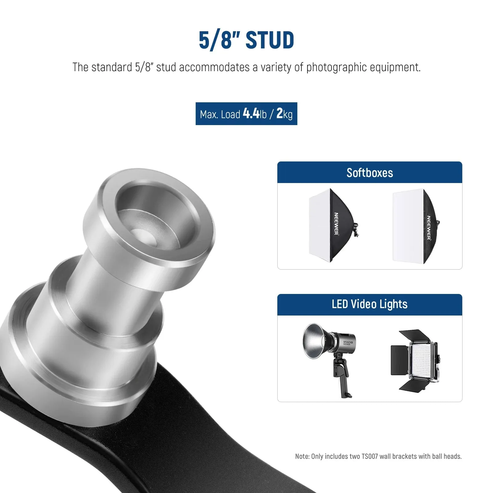 2 Pack e Type Wall/ceiling Mount for Ring Light Detachable Ball Head 5/8 Stud
