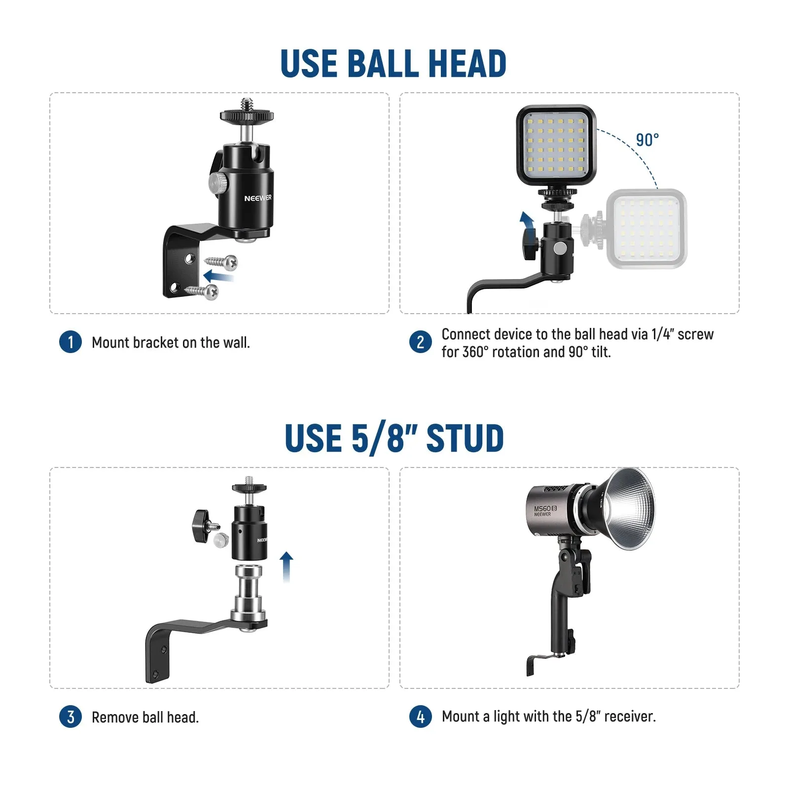 2 Pack e Type Wall/ceiling Mount for Ring Light Detachable Ball Head 5/8 Stud