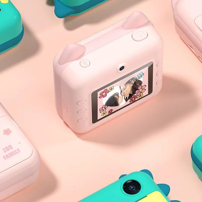 32GB Children Instant Camera with Dual-Lens & Mini Print | Pink Cat | Green Dinosaur