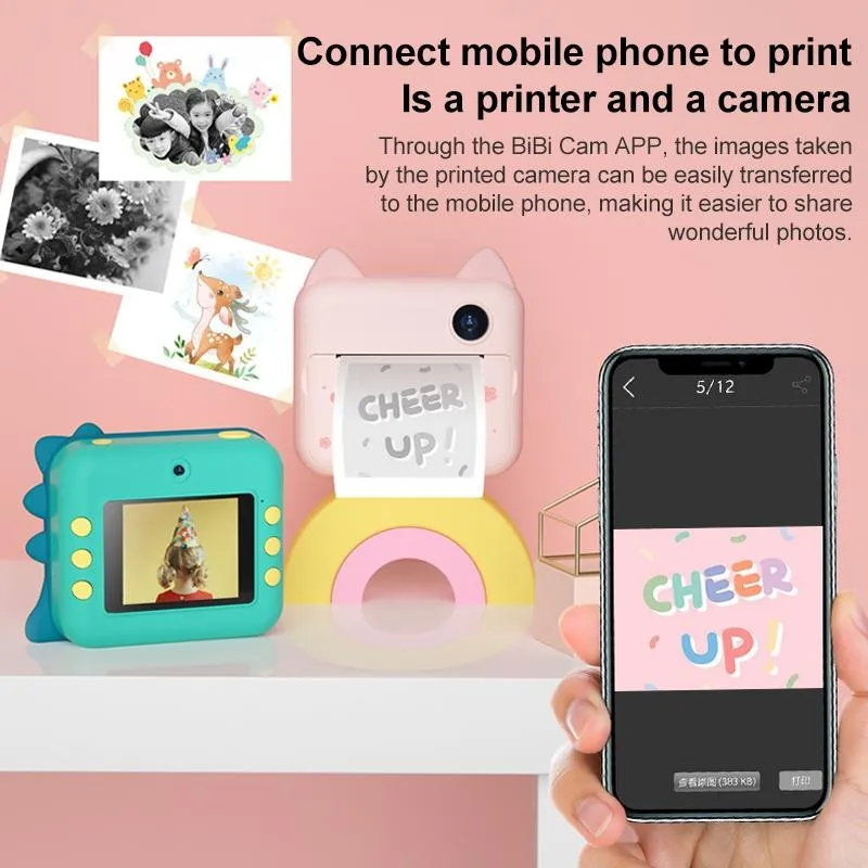32GB Children Instant Camera with Dual-Lens & Mini Print | Pink Cat | Green Dinosaur
