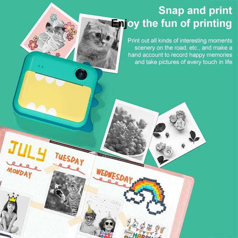 32GB Children Instant Camera with Dual-Lens & Mini Print | Pink Cat | Green Dinosaur
