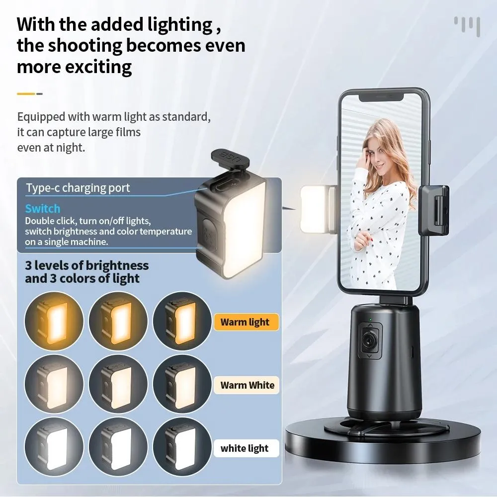 Auto Tracking Gimbal Stabilizer with Fill Light and Selfie Stick - 360 Degree Rotation