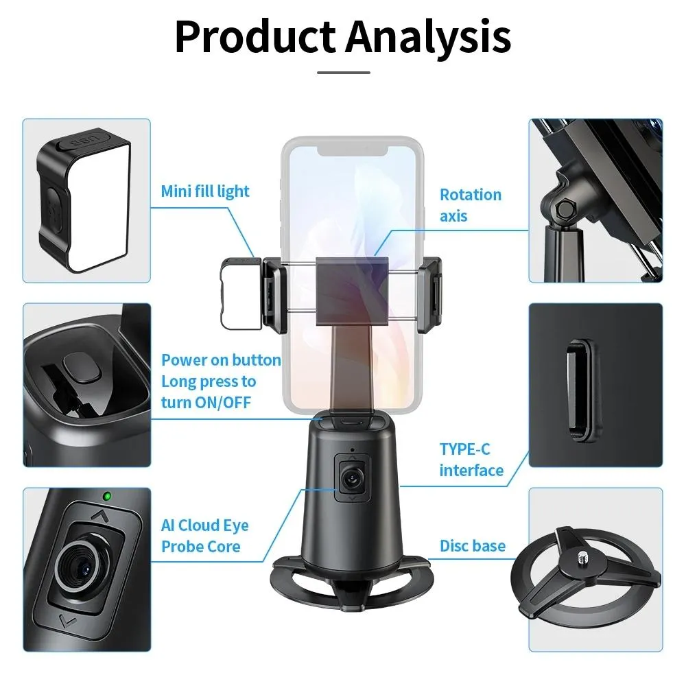 Auto Tracking Gimbal Stabilizer with Fill Light and Selfie Stick - 360 Degree Rotation
