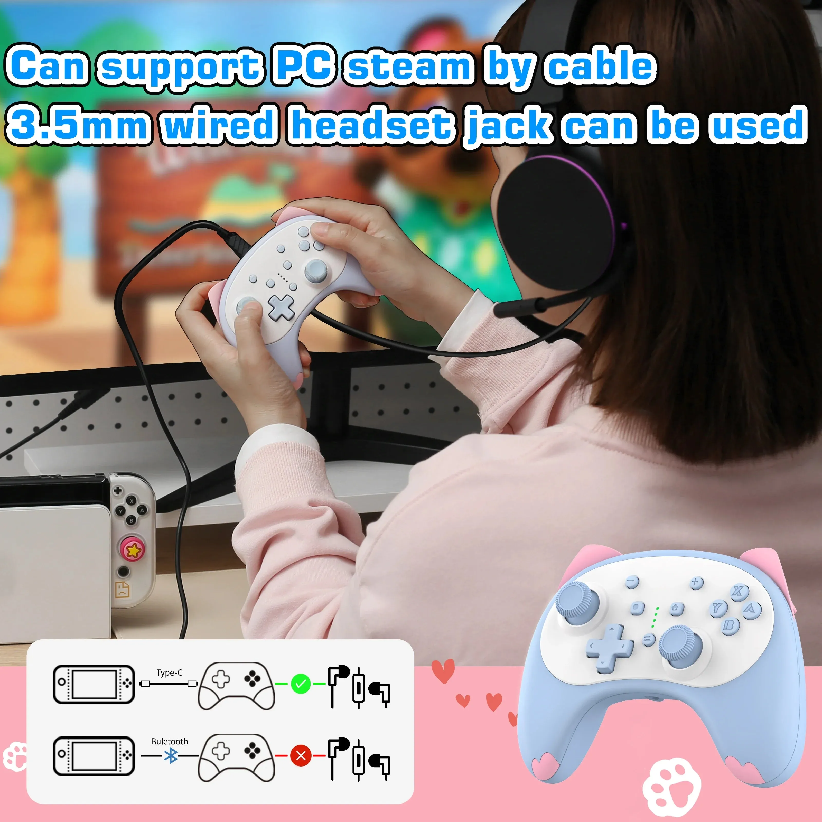Cartoon Kitten Wake Up Voice Wireless Controller Headset Support Compatible Nintendo Switch/switch Lite/switch Oled