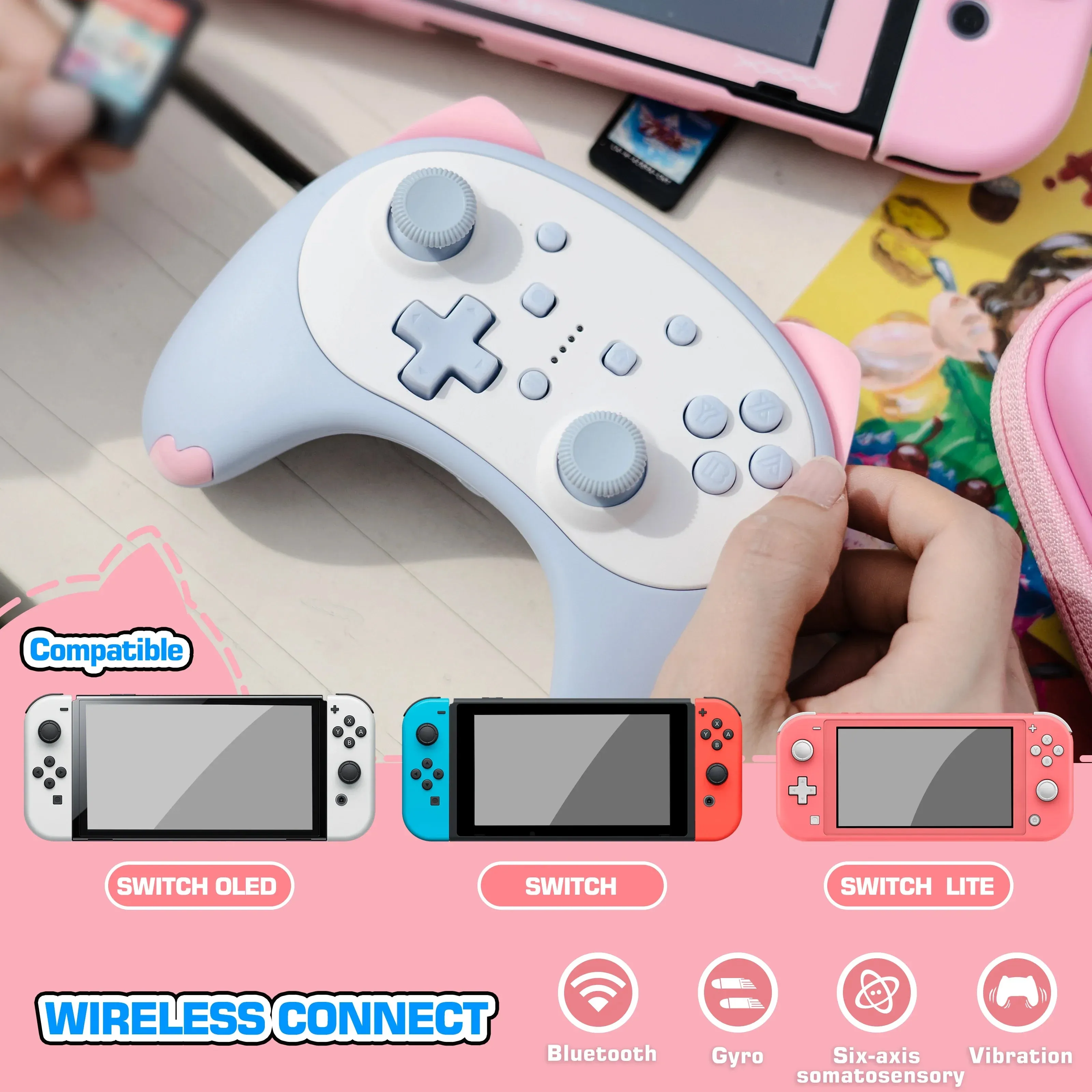 Cartoon Kitten Wake Up Voice Wireless Controller Headset Support Compatible Nintendo Switch/switch Lite/switch Oled