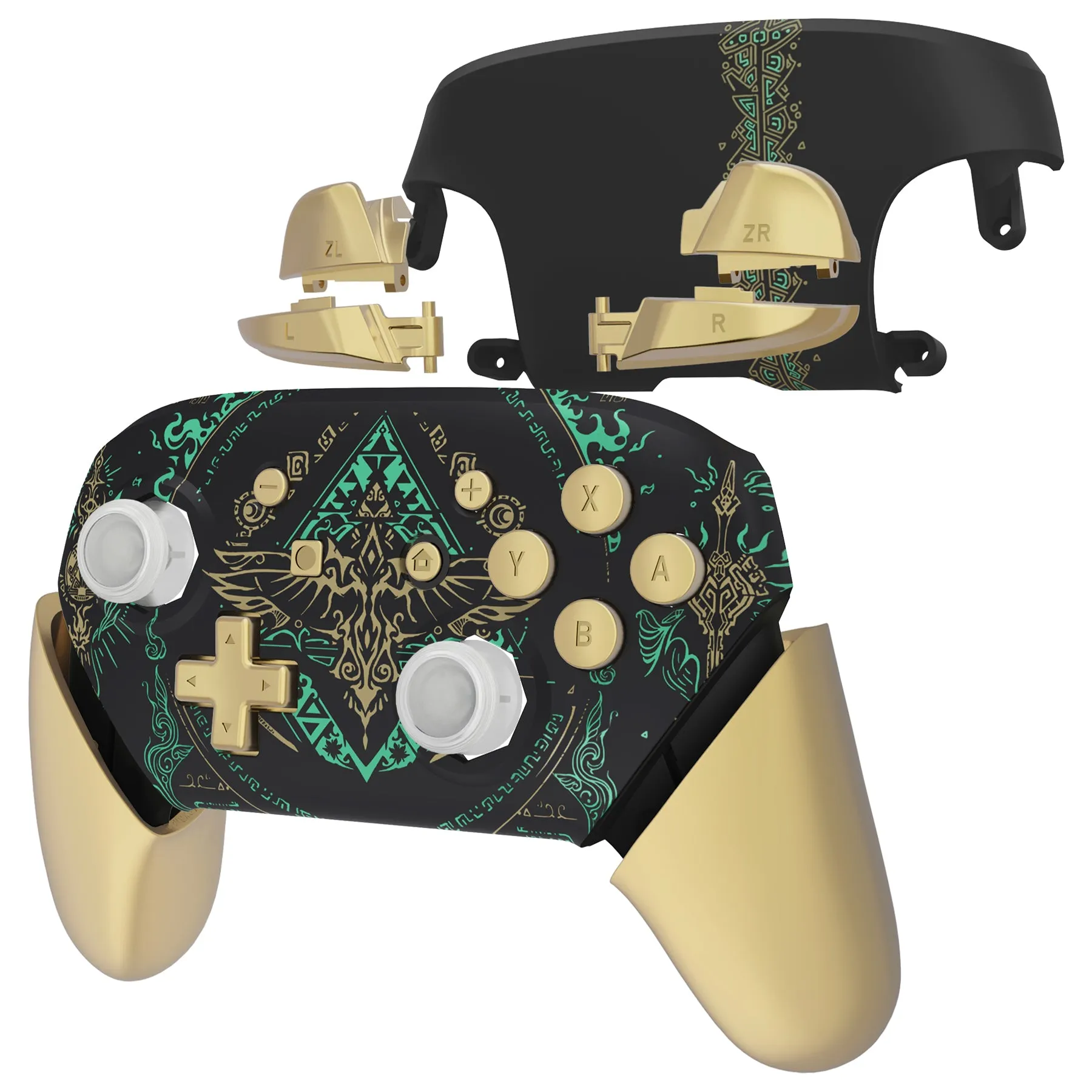 eXtremeRate Glow in Dark - Totem of Kingdom Black Faceplate Backplate Handles Cover, Octagonal Gated Sticks Design DIY Replacement Grip Housing Shell for Nintendo Switch Pro Controller - Controller NOT Included - FRE623