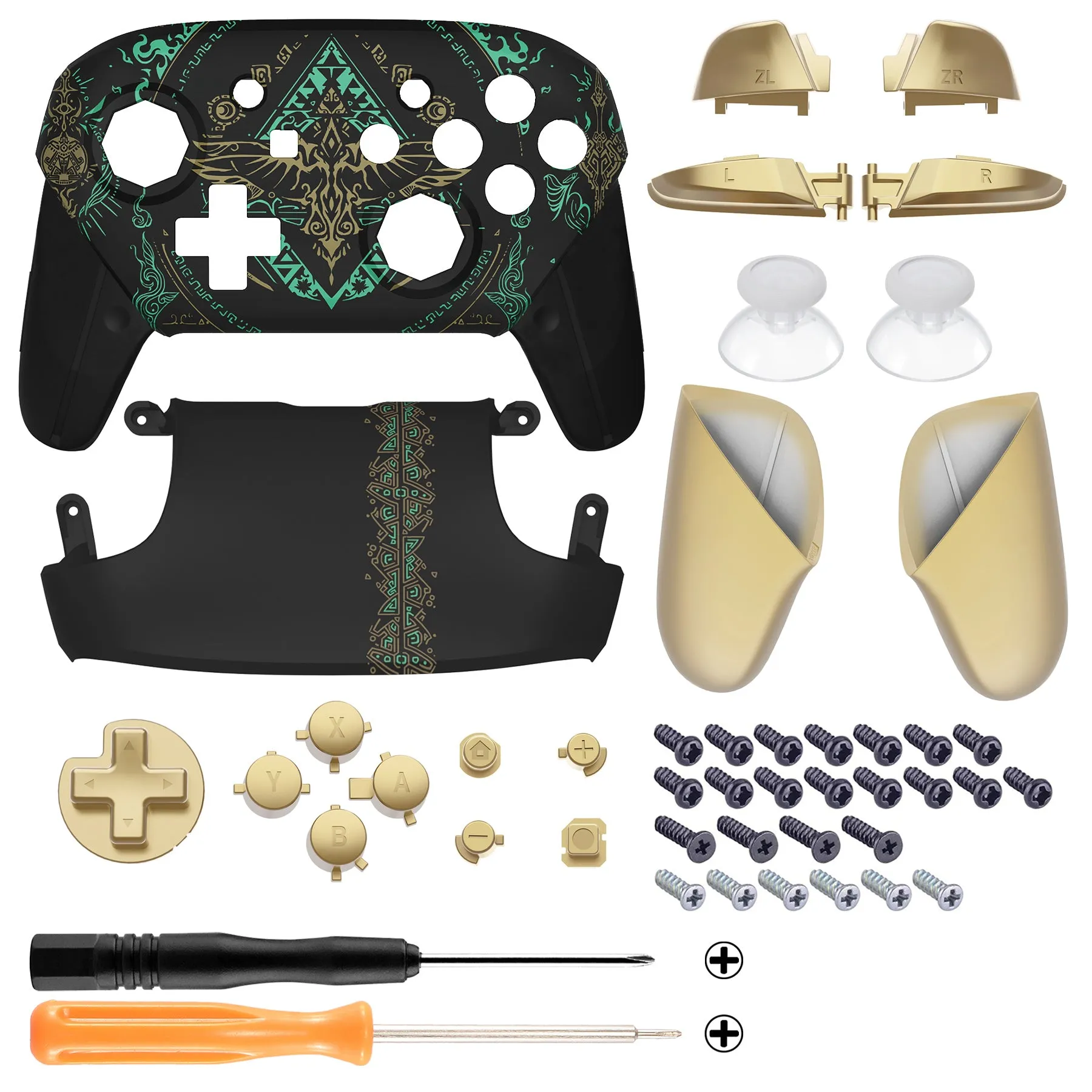 eXtremeRate Glow in Dark - Totem of Kingdom Black Faceplate Backplate Handles Cover, Octagonal Gated Sticks Design DIY Replacement Grip Housing Shell for Nintendo Switch Pro Controller - Controller NOT Included - FRE623