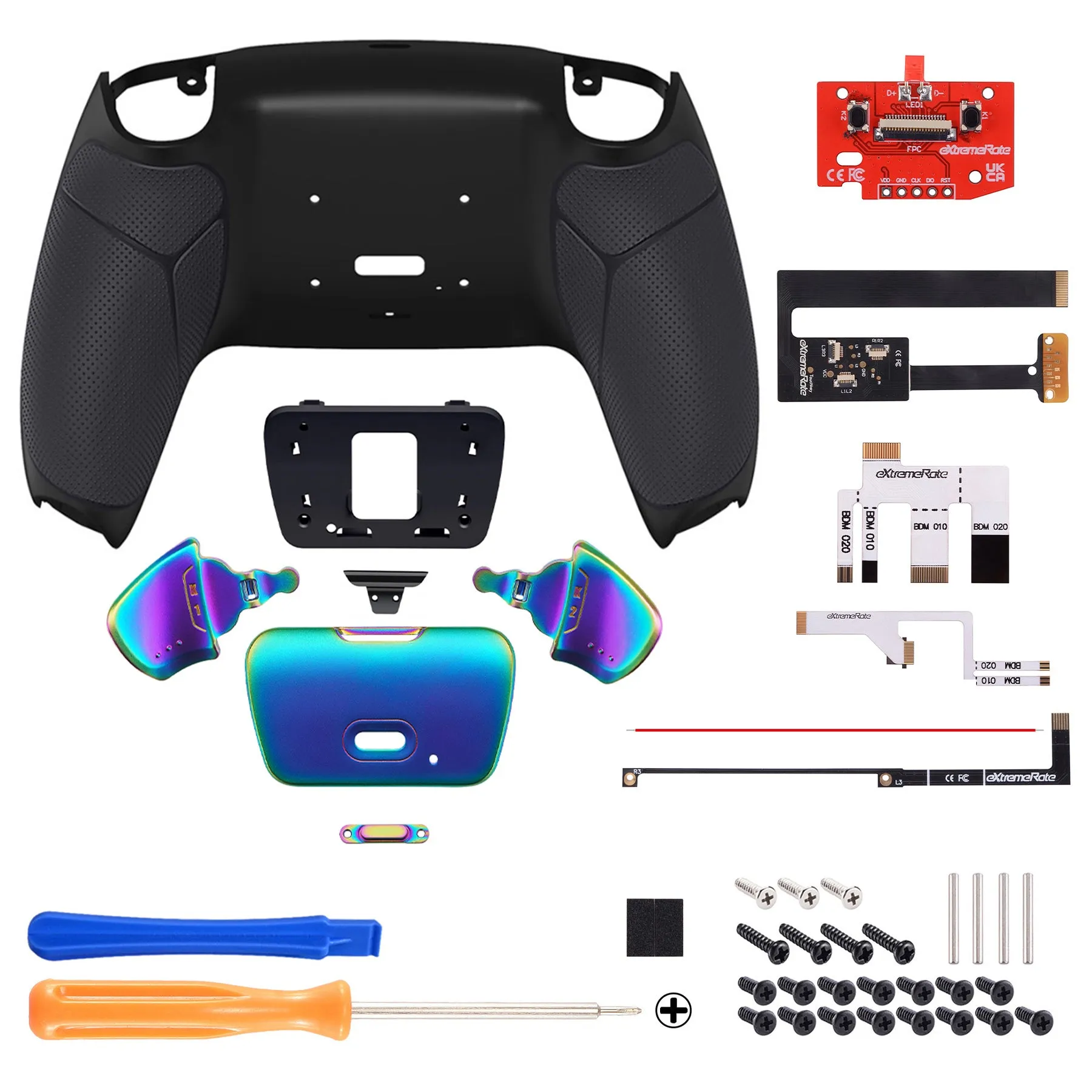 eXtremeRate Rainbow Aura Blue & Purple Real Metal Buttons (RMB) Version RISE 2.0 Remap Kit for PS5 Controller BDM-010/020 - Rubberized Black - XPFJ7011