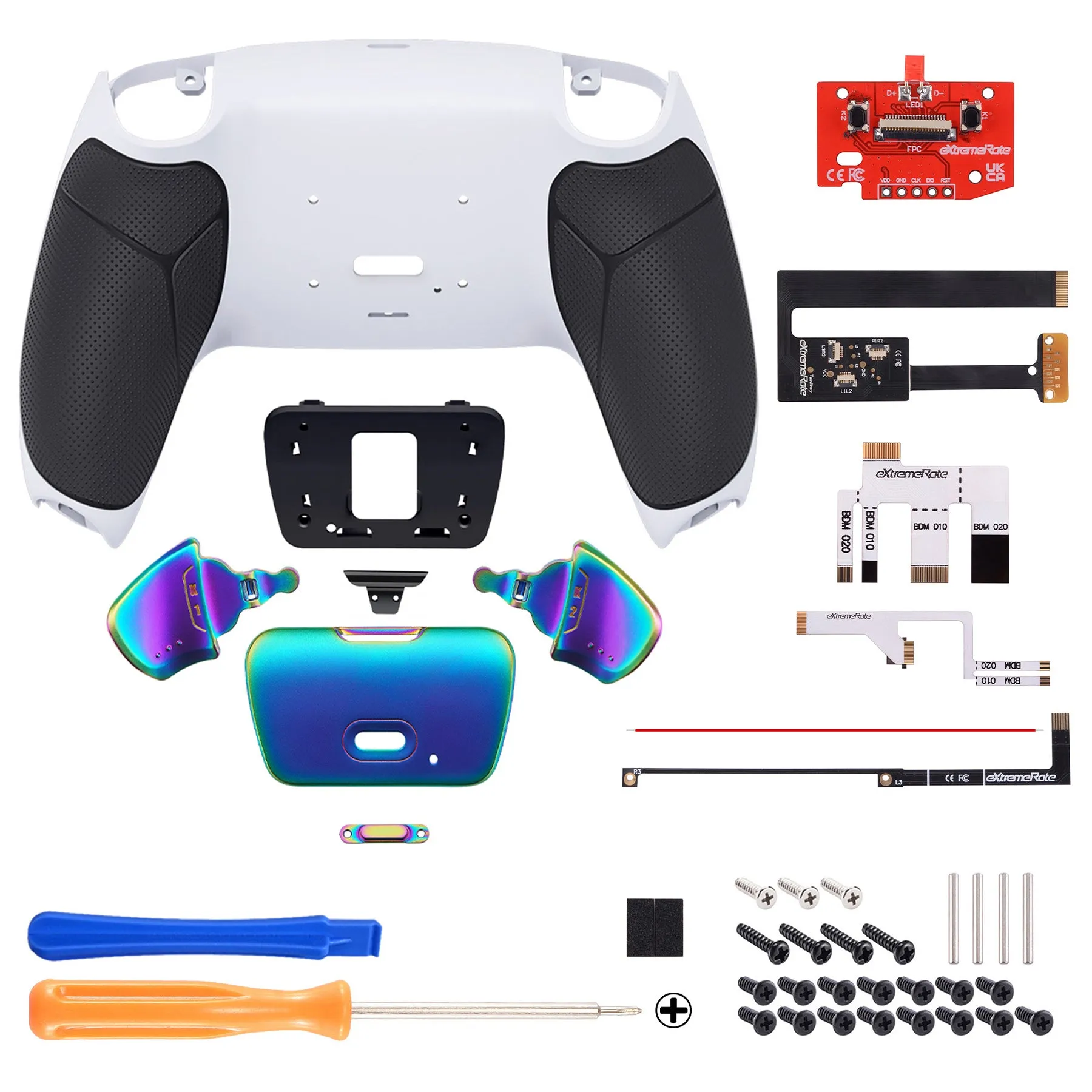 eXtremeRate Rainbow Aura Blue & Purple Real Metal Buttons (RMB) Version RISE 2.0 Remap Kit for PS5 Controller BDM-010/020 - Rubberized White Black - XPFJ7012