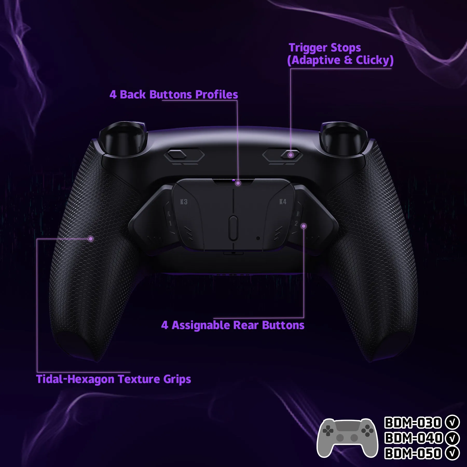 eXtremeRate RISE4 Plus MAX Back Paddles Kit with Clicky Trigger Stops & Rubberized Grip for PS5 Controller BDM-030/040/050 - Black - HKCPFM001M2