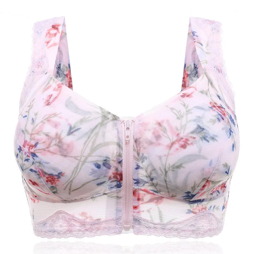 Full Busted Front Zipper Massage Padding Print  Lace-trim Bras