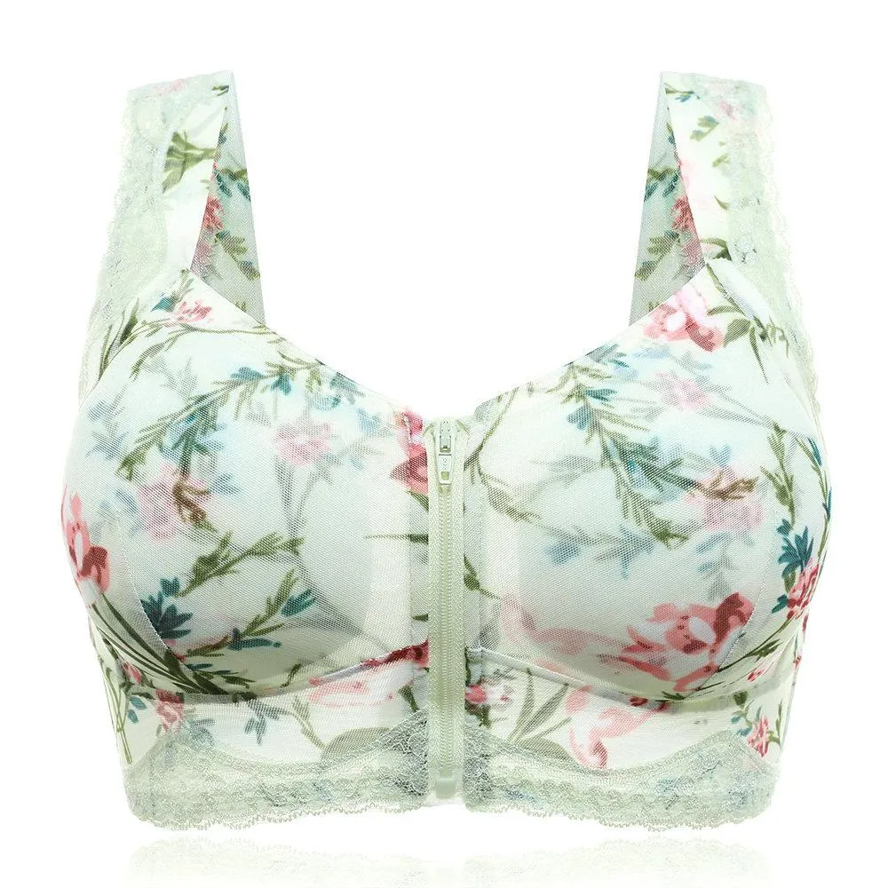 Full Busted Front Zipper Massage Padding Print  Lace-trim Bras