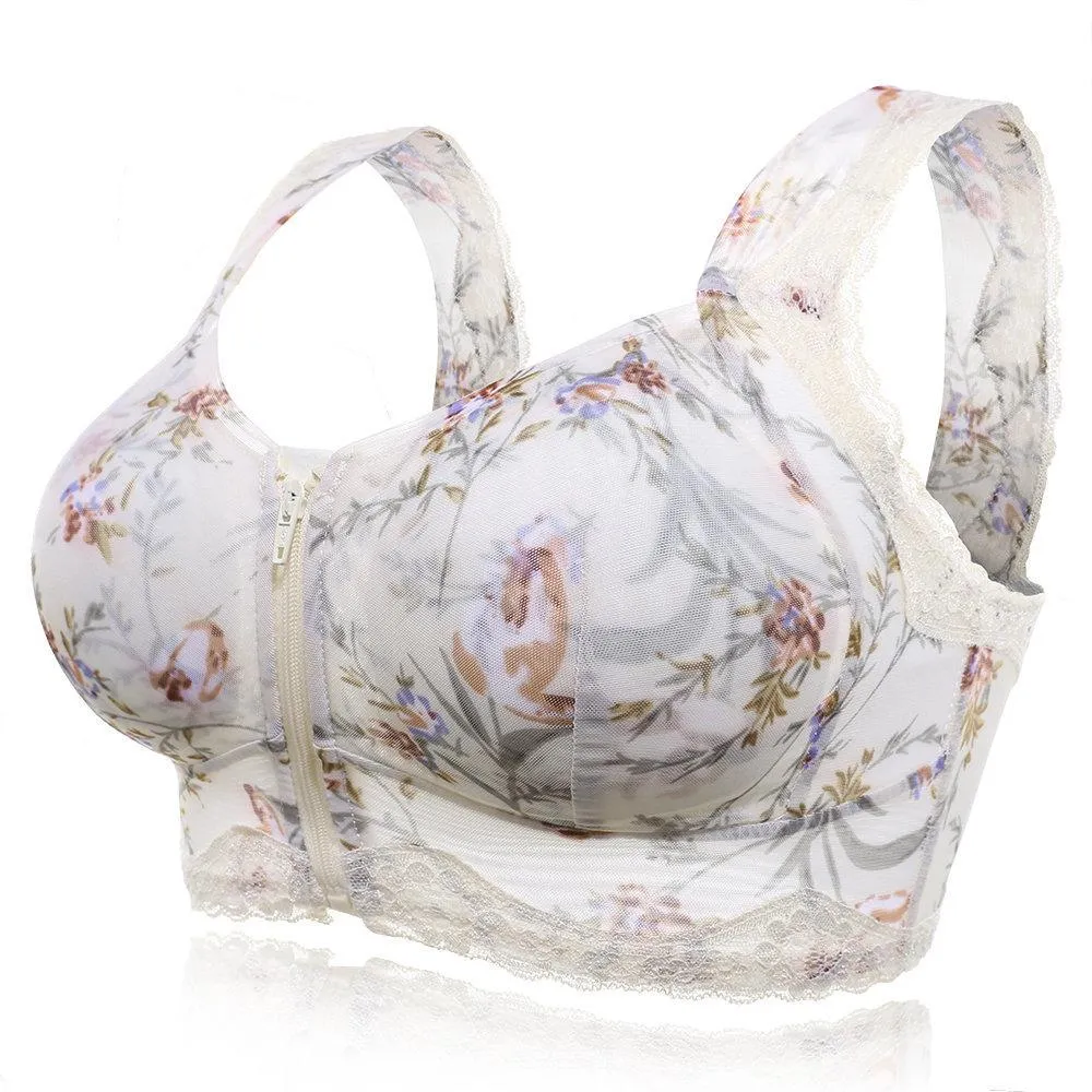 Full Busted Front Zipper Massage Padding Print  Lace-trim Bras