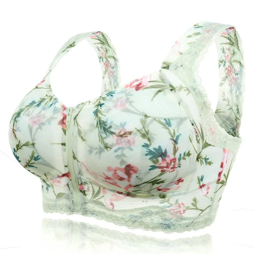 Full Busted Front Zipper Massage Padding Print  Lace-trim Bras