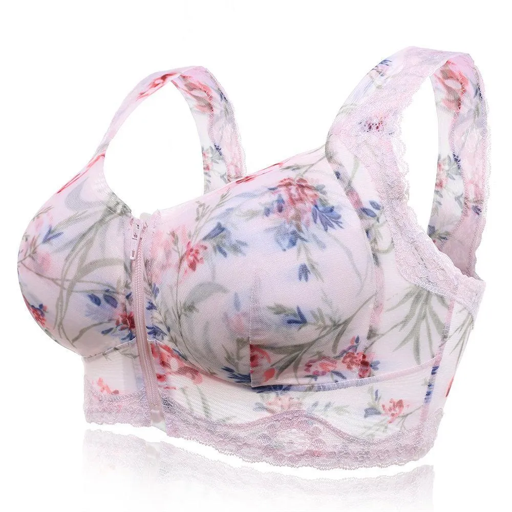 Full Busted Front Zipper Massage Padding Print  Lace-trim Bras