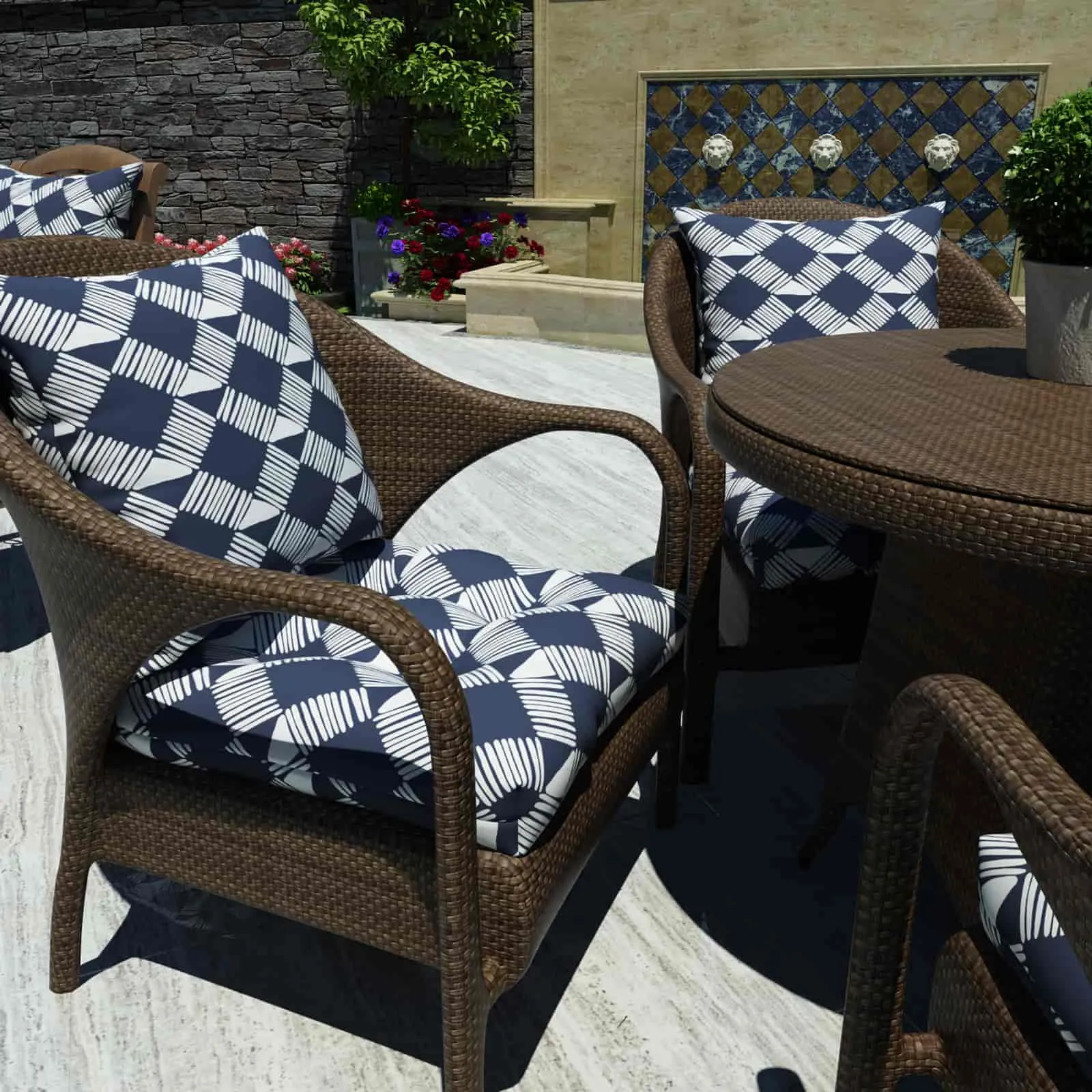 LVTXIII Outdoor U-Shape Tufted Seat Cushions 19”x19”x5", Geomentry Knot Navy （Set of 2）