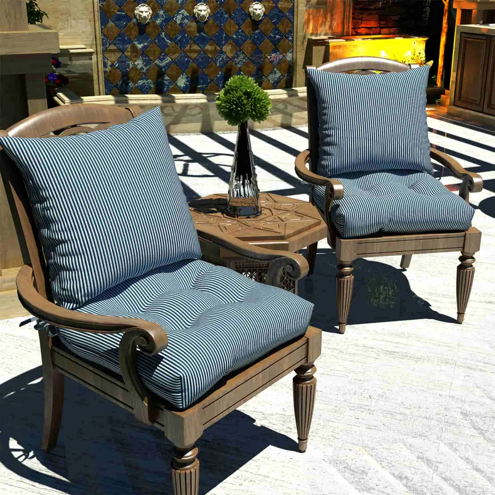 LVTXIII Outdoor U-Shape Tufted Seat Cushions 19”x19”x5”Stripe Navy （Set of 2）