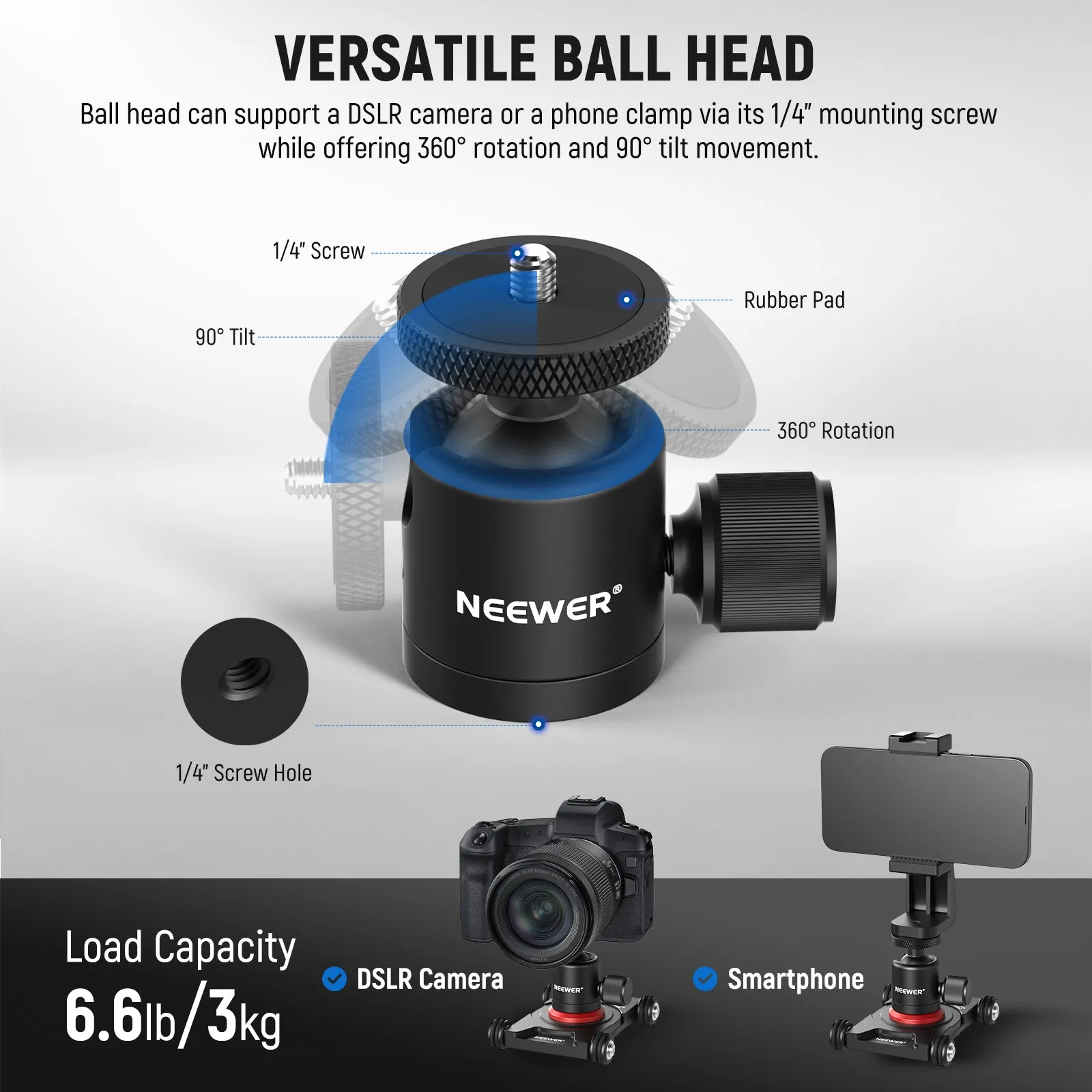 NEEWER SD001 Camera Slider Dolly with Ball Head & Phone Clamp