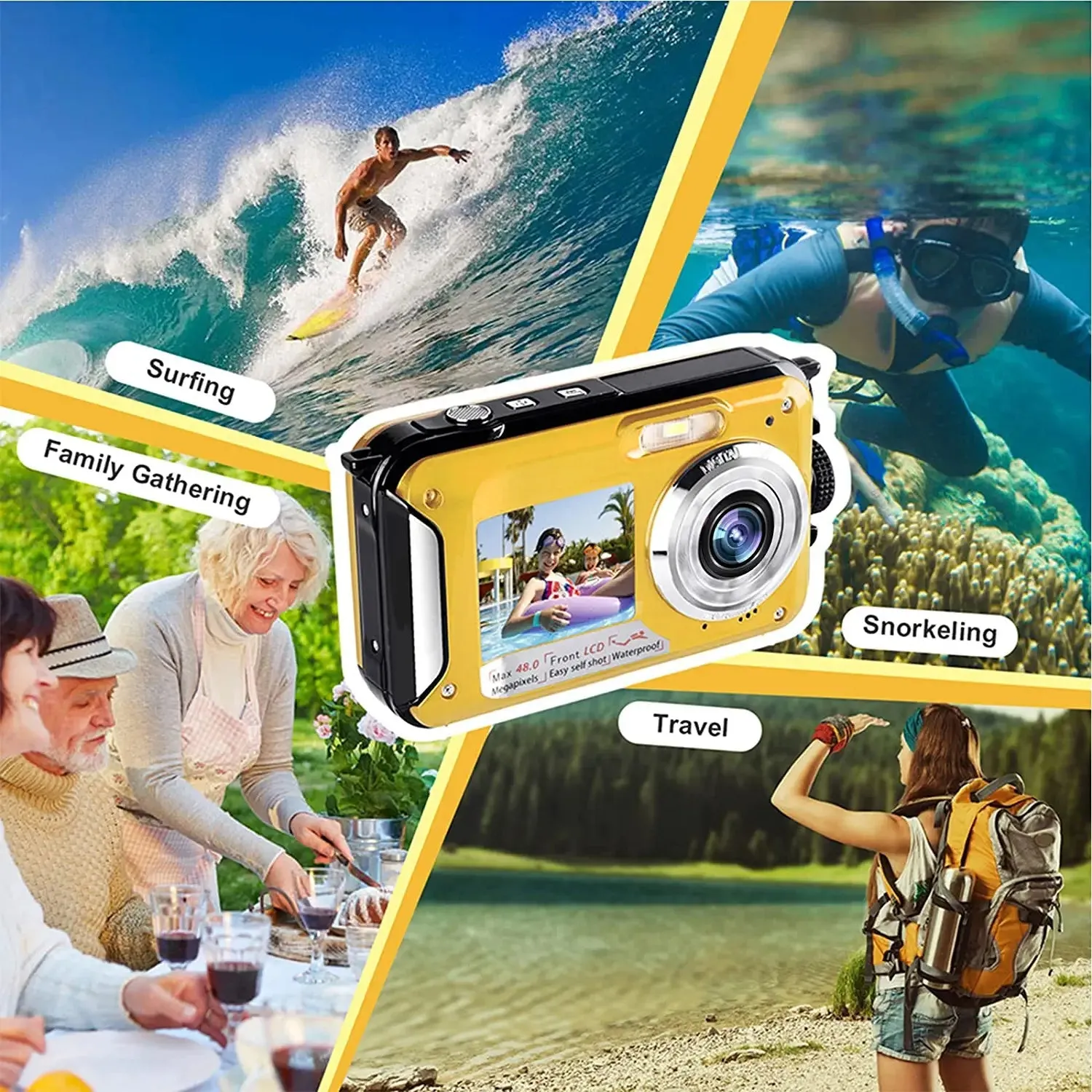 YISENCE Waterproof Digital Camera Underwater Camera Full HD 2.7K 48 MP Video Recorder Selfie Dual Screens 16X Digital Zoom Flashlight Waterproof Camera for Snorkeling (Yellow)