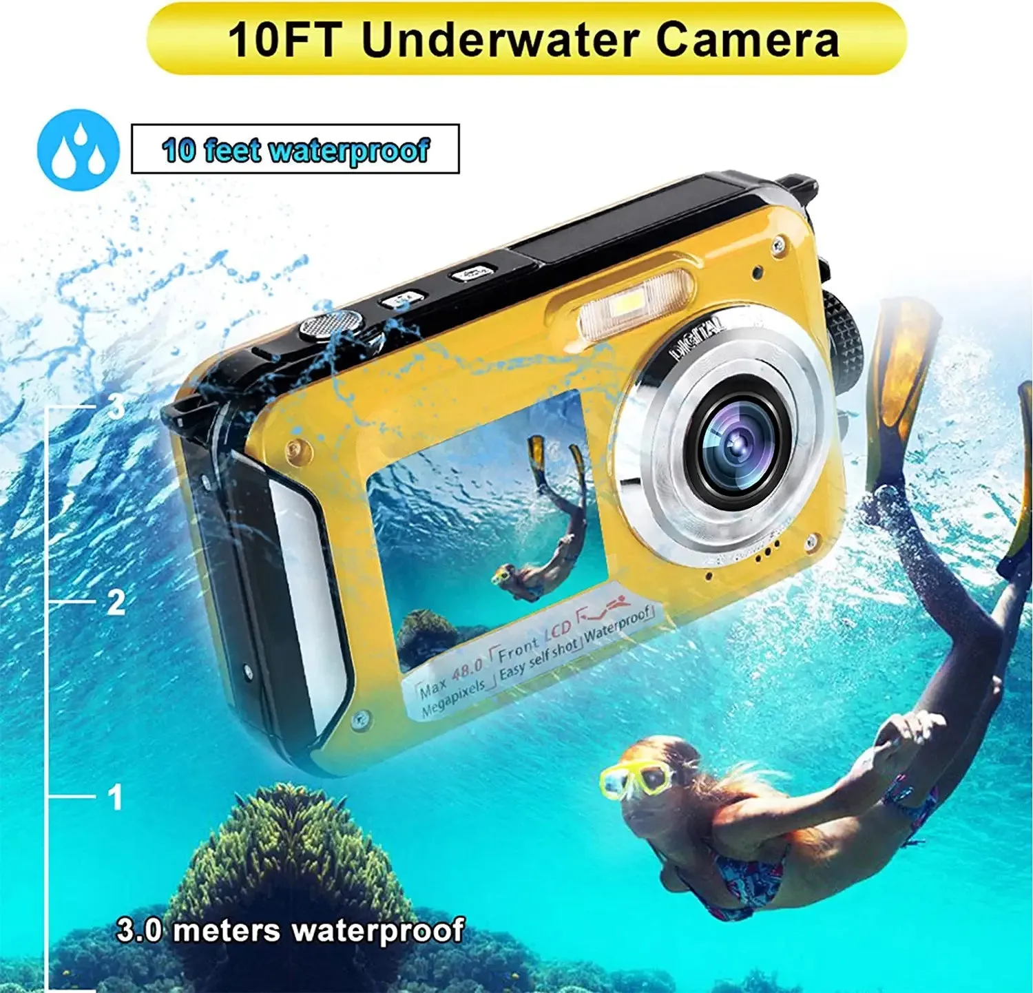 YISENCE Waterproof Digital Camera Underwater Camera Full HD 2.7K 48 MP Video Recorder Selfie Dual Screens 16X Digital Zoom Flashlight Waterproof Camera for Snorkeling (Yellow)
