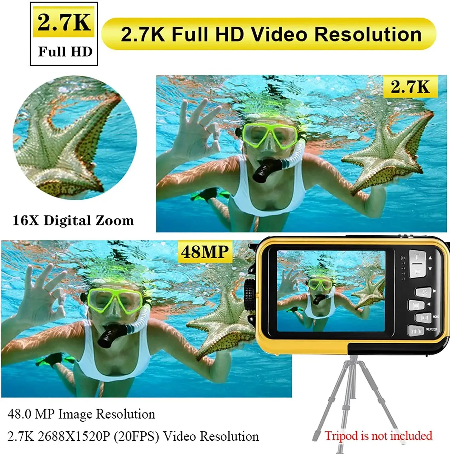 YISENCE Waterproof Digital Camera Underwater Camera Full HD 2.7K 48 MP Video Recorder Selfie Dual Screens 16X Digital Zoom Flashlight Waterproof Camera for Snorkeling (Yellow)