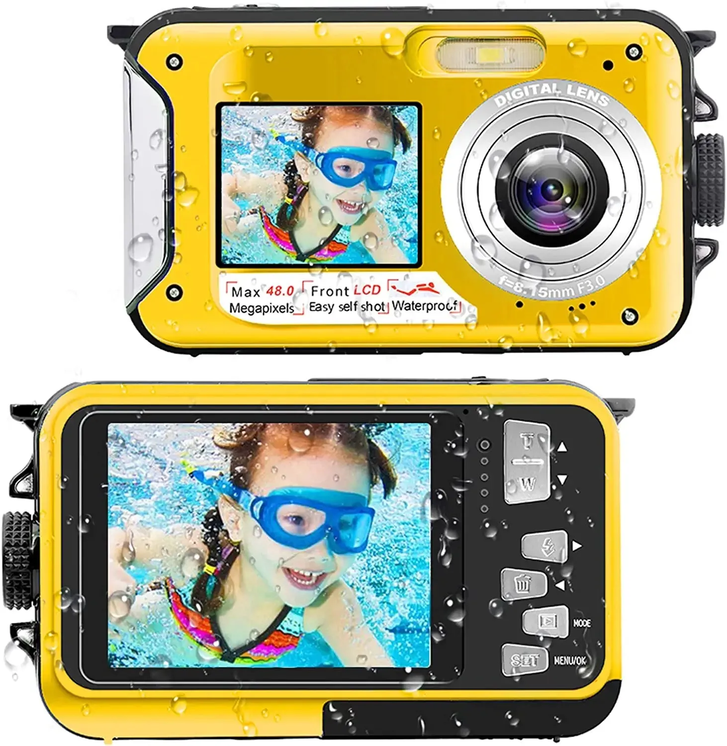 YISENCE Waterproof Digital Camera Underwater Camera Full HD 2.7K 48 MP Video Recorder Selfie Dual Screens 16X Digital Zoom Flashlight Waterproof Camera for Snorkeling (Yellow)