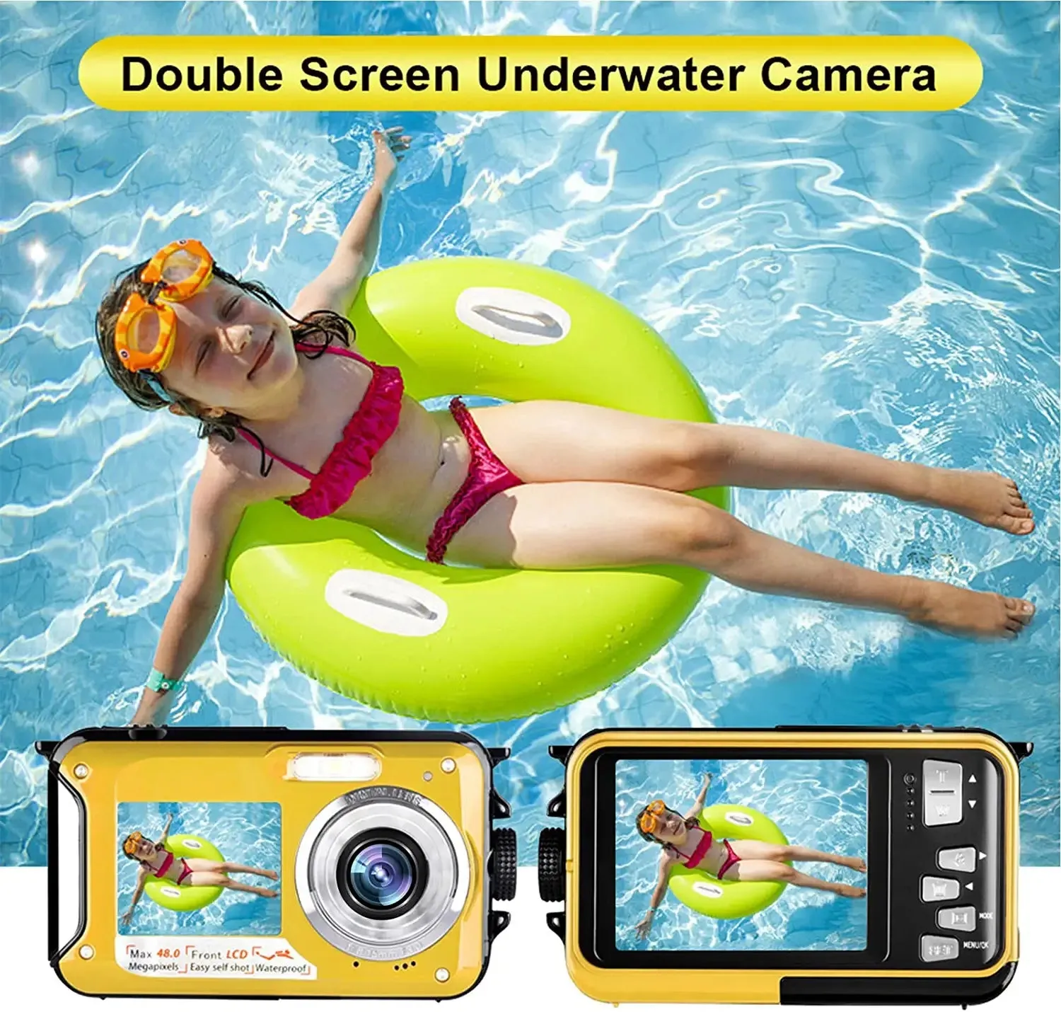 YISENCE Waterproof Digital Camera Underwater Camera Full HD 2.7K 48 MP Video Recorder Selfie Dual Screens 16X Digital Zoom Flashlight Waterproof Camera for Snorkeling (Yellow)
